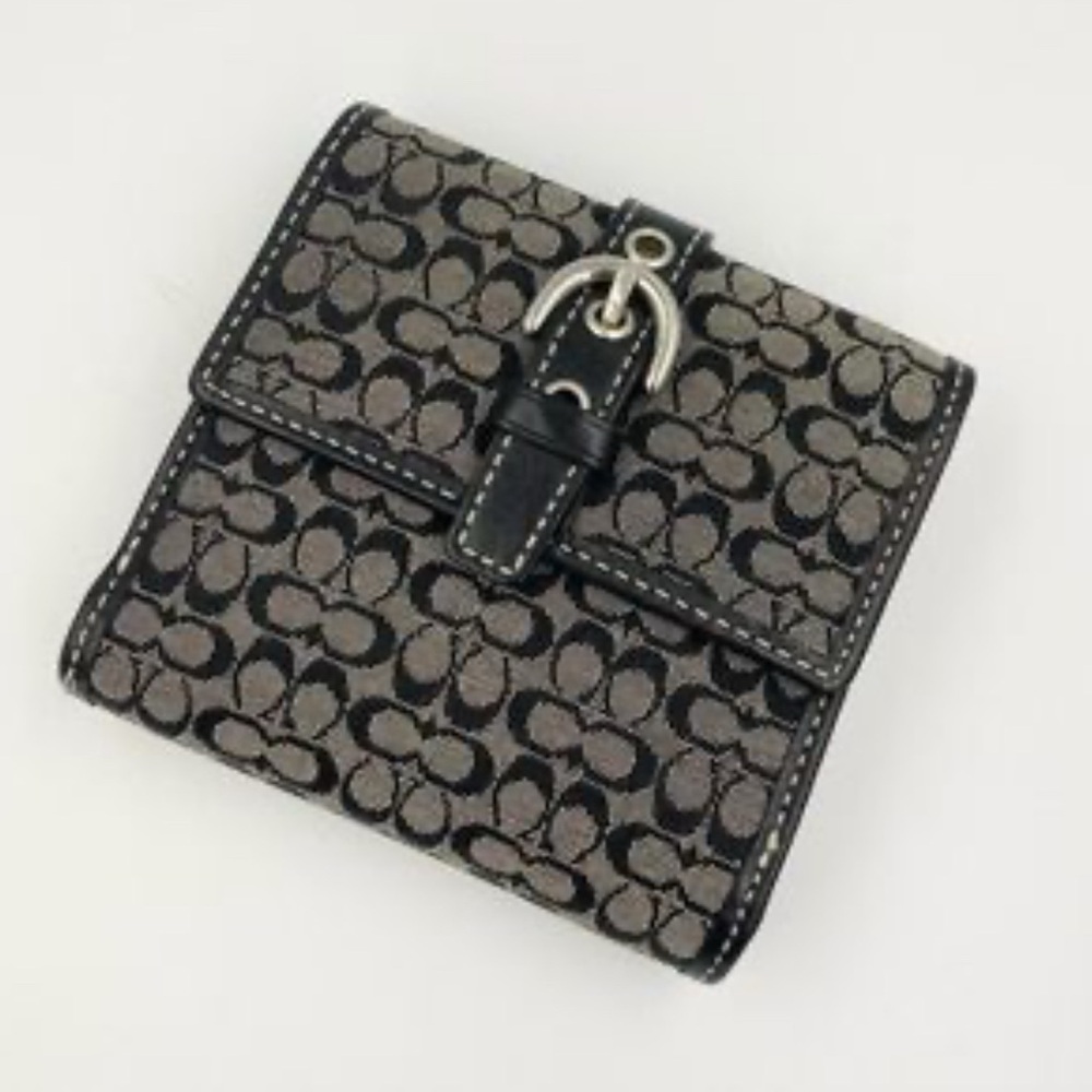 Coach vintage buckle wallet. Black on gray w/ small cc signature.